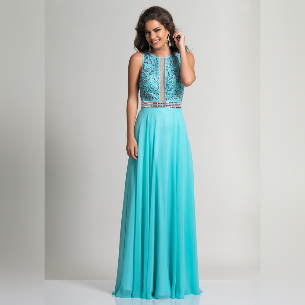 Dave and Johnny Chiffon Beaded Sequins Sheer Panel Cutouts Aqua Dress Size 4 - Picture 6 of 10